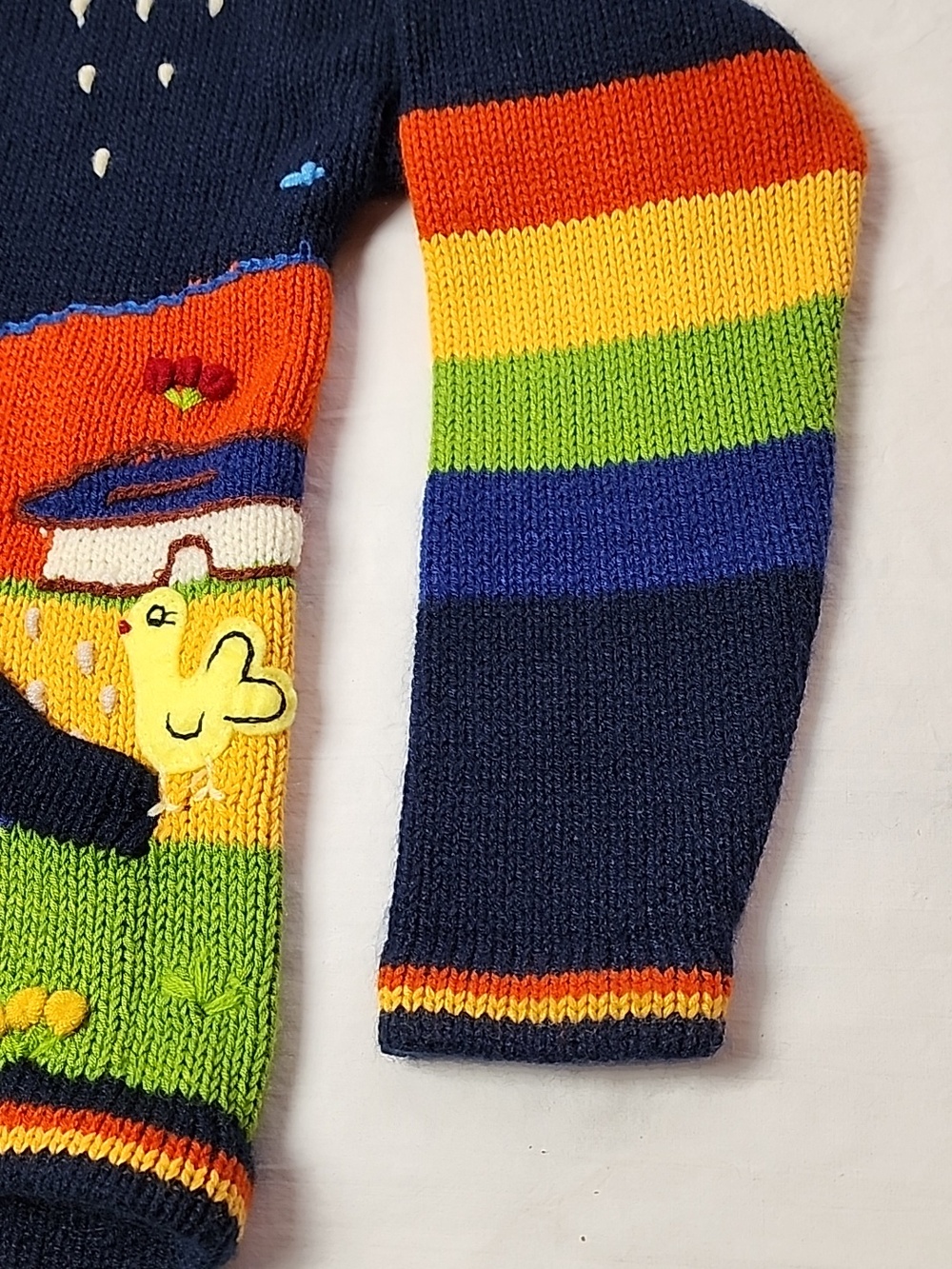Peruvian Child's Colorful Hand-Knit Hooded Zip Cardigan Animals Rainbow Stripes - Picture 7 of 11